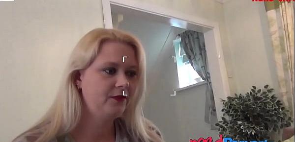  Curvy blonde Jodie Cummings filmed sucking nerd cock POV